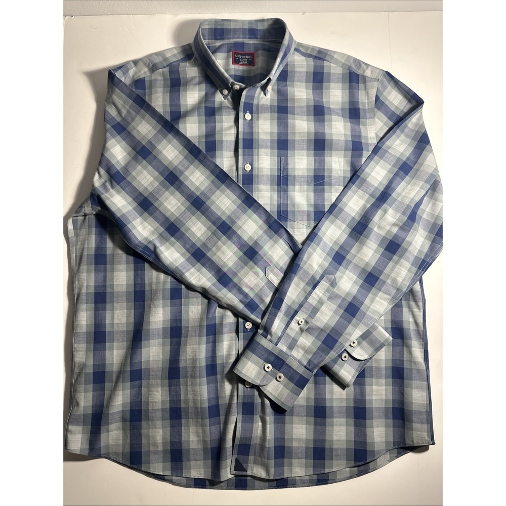 UNTUCKit Mens Slim Fit Wrinkle Free Cotton Shirt XL Blue Grey Buffalo Check
